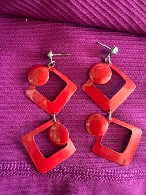 Vintage Red Double Square Drop Earrings - Women Jewelry